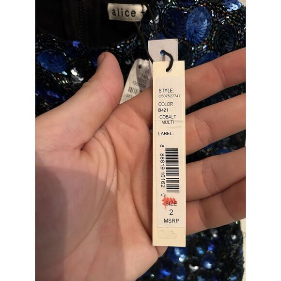 Alice + Olivia Stacey Bendet Sequin Dress Cobalt Blue Black Midi Sheath Size 2 - Picture 3 of 9